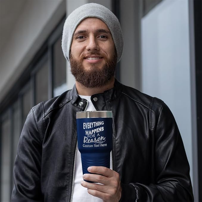 Custom Tumblera Tumblers Travel Mugs Everything Happens for A Reason Inspiration & Motivation Insulated Drinkware Stainless-Steel 30 Oz Coral Personalized Text Here