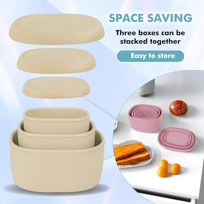 Anatole Silicone Food Storage Lunch Bento Box Set of 3 Reusable Nesting Containers with Lids BPA Free Dishwasher Microwave Oven Freezer Safe Leakproof (6.7oz, 10oz, 20oz)