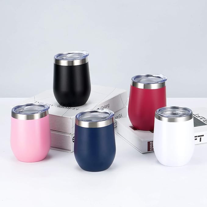 12 Pack Stainless Steel Wine Tumblers, 12Oz Double Wall Vacuum Insulated Wine Tumblers with Lids and Straws, Stainless Steel Stemless Wine Glasses for Coffee, Wine, Cocktails, Champaign, Navy Blue…