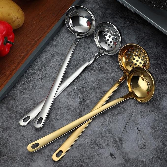 Large Soup Ladle Skimmer Spoon Set Stainless Steel Strainer Gravy Colander Hot Pot Server - Silver