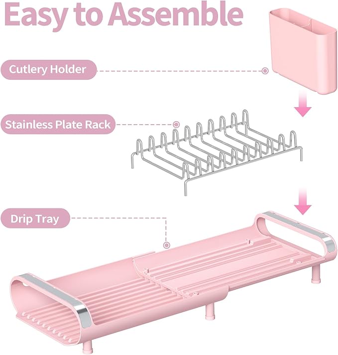 TOOLF Small Dish Drying Rack, Mini Expandable Compact Dish Rack, Slim Extendable Stainless Steel Dish Drainer for Kitchen Plate Storage, Space Saving Dish Strainer in Sink or on Home Countertop, Pink