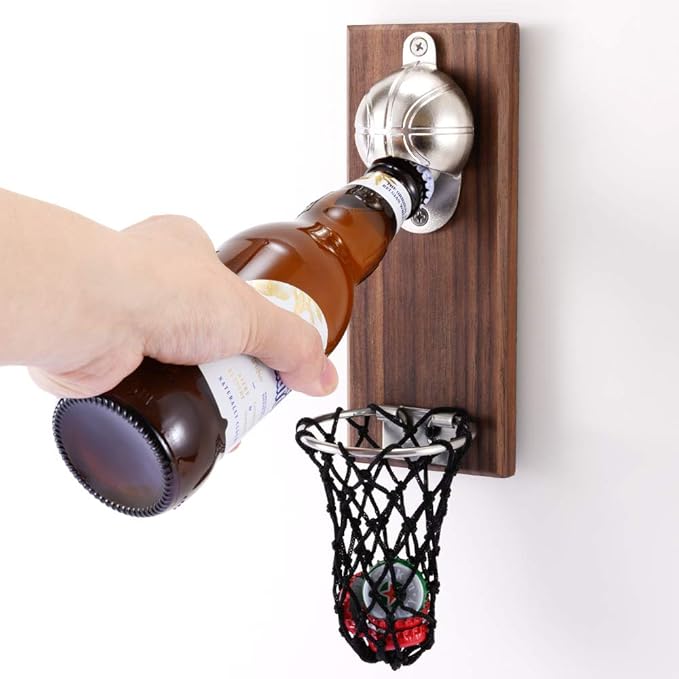 Magnetic Basketball Bottle Opener, Wooden Wall Mounted Opener with Cap Collector Catcher, Ideal Gift for Basketball and Beer Lovers, Use as Kitchen-Yard-Bar Decoration