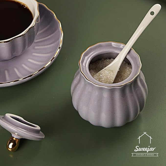 Sweejar Royal Ceramic Sugar and Creamer Set, 3 Piece Set with Cream Pitcher, Sugar Bowl, Sugar Set with Lid & Spoon, Coffee Serving Set Wedding Gift(Purple)