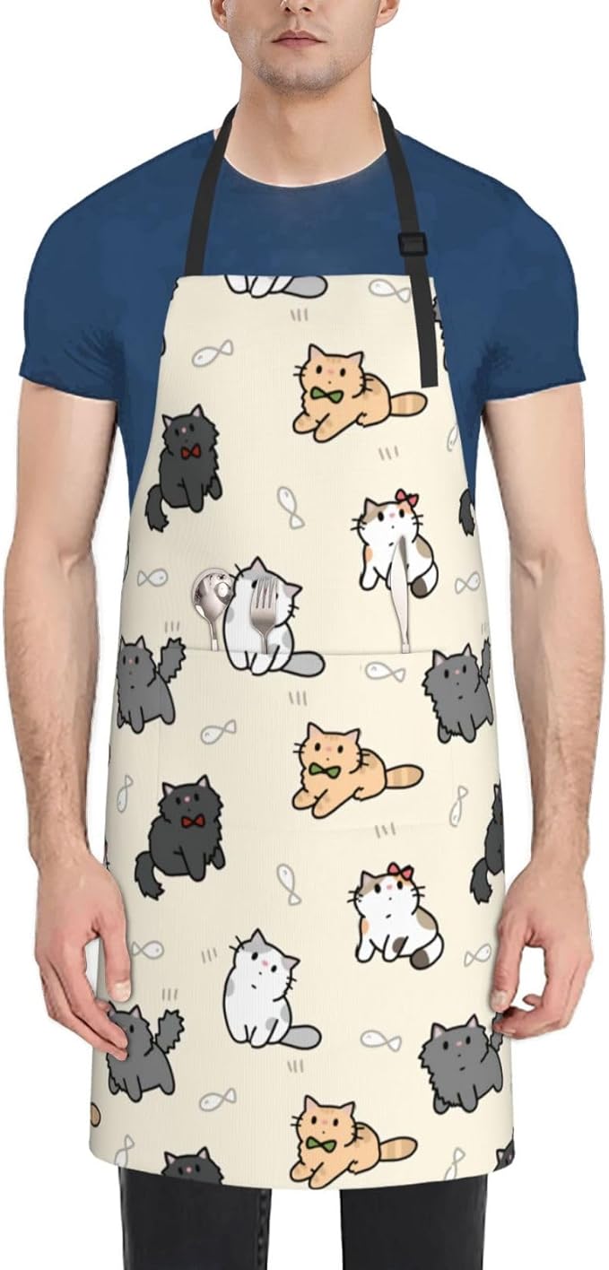 Cute Cat Apron Adjustable with 2 Pockets Cooking Kitchen Aprons for Men Women Outdoors Baking Chef Apron