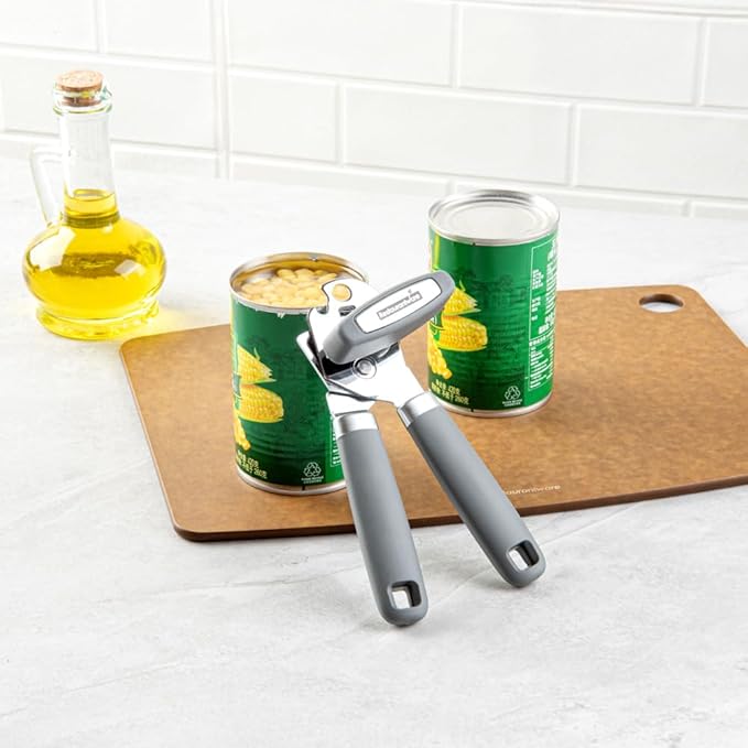 Restaurantware Comfy Grip 7.6 x 1.9 x 2.1 Inch Can Opener 1 Durable Manual Can Opener - Sharp Wheel Blade Grip Handle Gray Stainless Steel Hand-Held Can Opener Built-In Bottle Opener
