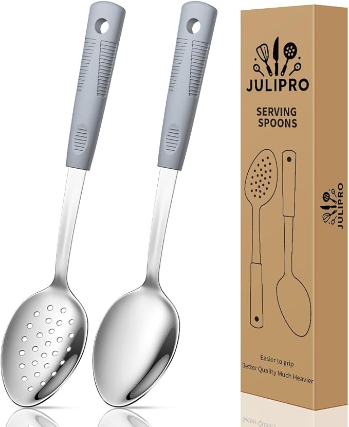 Stainless Steel Serving Spoons & Slotted Spoons Set, with Non-Slip Silicone Handles,2-Piece Metal Serving Spoon, Slotted Metal Spoon for Home Kitchen, Parties & Daily Use-Grey