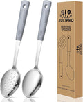 Stainless Steel Serving Spoons & Slotted Spoons Set, with Non-Slip Silicone Handles,2-Piece Metal Serving Spoon, Slotted Metal Spoon for Home Kitchen, Parties & Daily Use-Grey