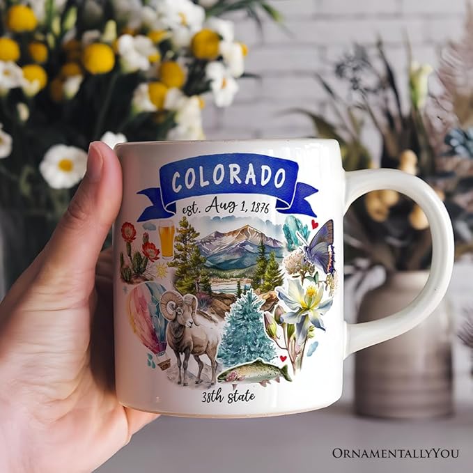 OrnamentallyYou State Travel Landmark Mugs – 12 oz Ceramic Coffee Cups, U.S. Souvenir Gift for Tourists (Artistic Colorado State Themes and Landmarks Mug)