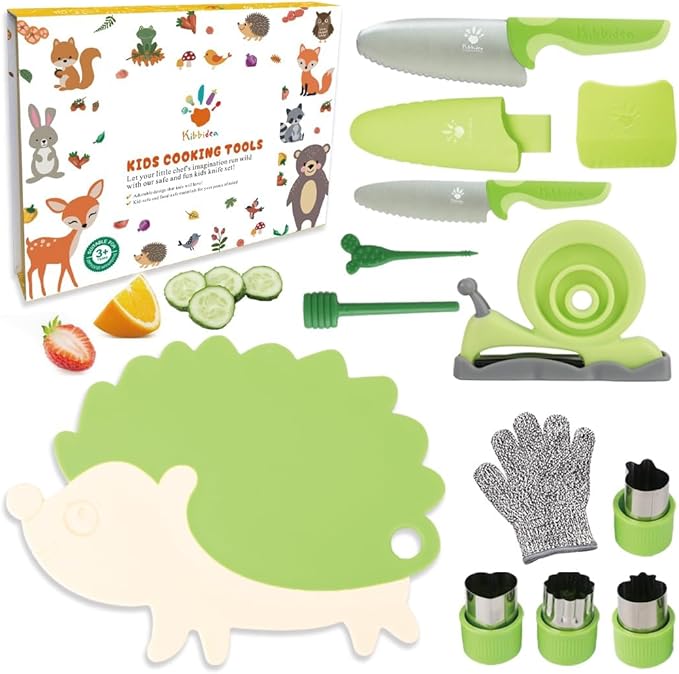 Kibbidea 13 Pcs Kids Kitchen Knife Set, Kids Cooking Sets Real with Cutting Board, Peeler, Serrated Edges Stainless Steel Toddler Safe Knife, Sandwich Cutter (Green)