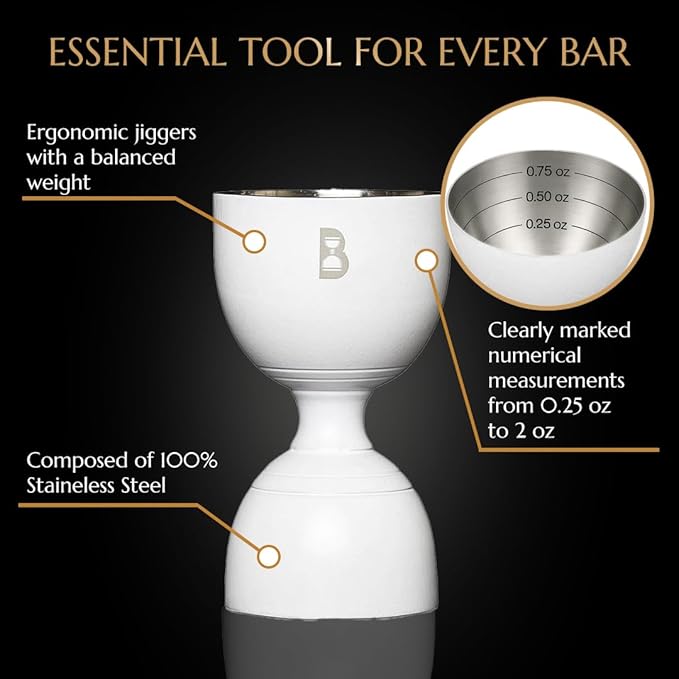Double Bell Jigger by Bull In China - 0.25oz to 2oz Measures for Cocktails, Bars & Bartenders (Matte White)