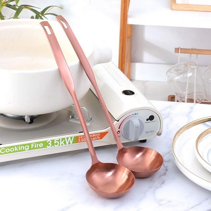 Buyer Star 2 Pcs Soup Ladle Spoons, Rose Gold Cookware Serving Long Handle Steel Slotted Spoon Cooking Utensil Set for Hotpot