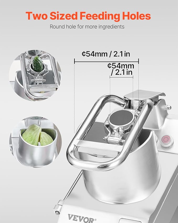 VEVOR Food Processor & Vegetable Chopper, 2 Feeding Holes Food-Grade Stainless Steel Food Processor Chopper with Detachable 6 Blades, 3mm/5mm/7mm/10mm Shredder, 2mm/4mm Slicer, for Vegetables, Fruit