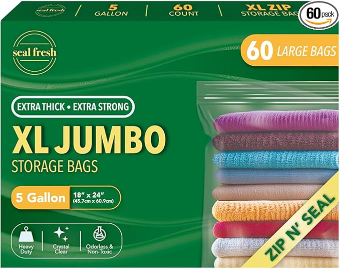 5 Gallon Large Plastic Storage Bags – 18" x 24" (60 Count) – Reusuable XXL Extra Large Heavy Duty Clear Jumbo Freezer Zip Bags with Sealable Zipper Top For Clothes, Travel, Moving