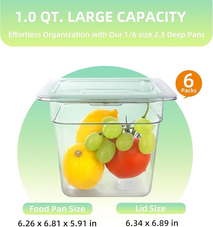 6 Pack 1/6 Size Food Pan with Lids,Stackable Freezer-Safe Meal Prep Containers for homes schools restaurants hotels -40°F to 212°F (1/6 size 6 inch deep, 2.22L/2.35QT)