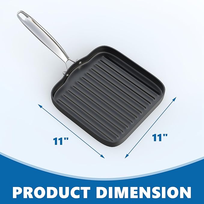SafBbcue Square 11” Ridged Grill Pan - Non-Stick Ceramic Coated, Durable Skillet Indoor & Outdoor Grilling, Oven Gas & Induction Safe, for Weber Charbroil Camp Chef Grill, Black