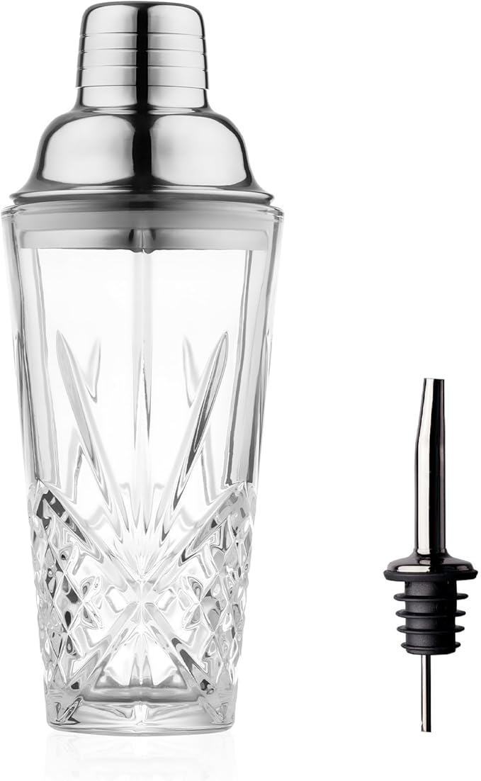 Glass Cocktail & Drink Shaker,15oz Cutting Design - Exquisite Martini Shaker for Elevated Mixology. Perfect for Crafting Artisan Cocktails, Martinis. (Including a Metalic Black Pourer)