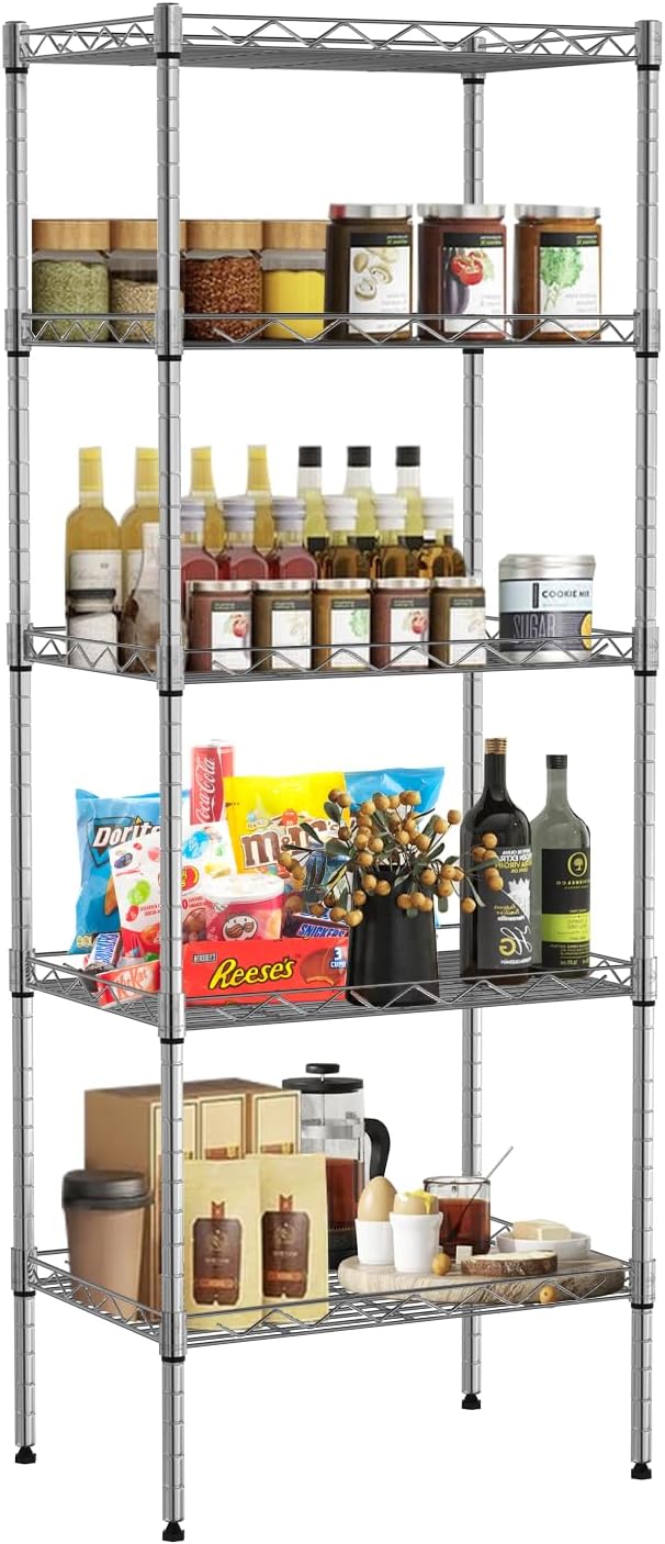 5-Shelf Storage Shelves Metal Shelving Unit NSF Garage Storage Rack Adjustable Wire Shelves Organizer for Kitchen Closet Basement, 750 Lbs Capacity, 16.7" L × 11.8" W × 47.6" H, Sliver