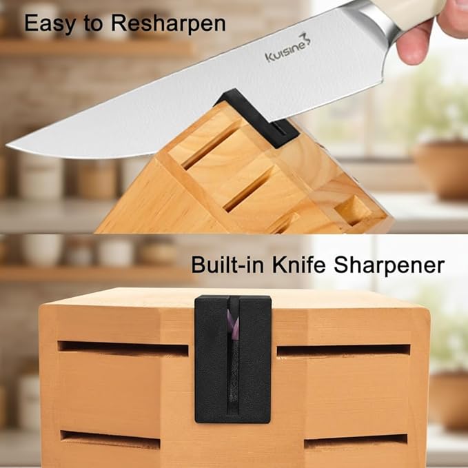 KUISINE Upgraded Knife Set High Carbon Stainless Steel Super Sharp Blade Ergonomic Rivet Handle,Knife Block Set with Built-in Sharpener(Ivory Acacia Pro,15PCS)
