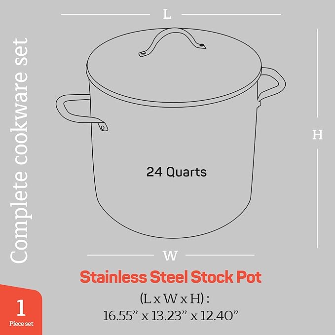 Stainless Steel Stockpot with Tempered Glass Lid 24 Quart, Durable 18/0 Stainless Steel, Impact-Bonded Base for Even Heating, Riveted Handles, Oven & All Stove Compatible, Safe Up To 500°F (260°C)