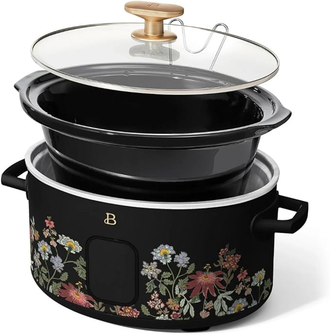 Beautiful 6 Qt Programmable Slow Cooker by Drew Barrymore - 5 Preset Cooking Functions, Digital Countdown Timer, Dishwasher-Safe Parts and Cool-Touch Handles -Wildflower Black Sesame