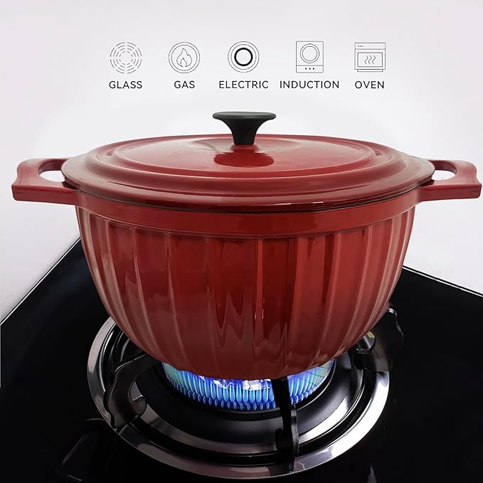5.3 Quart Enameled Cast Iron Dutch Oven with Lid, red dutch oven, enameled pot with lid, Sturdy Dutch Oven Cookware (Ruby Red)