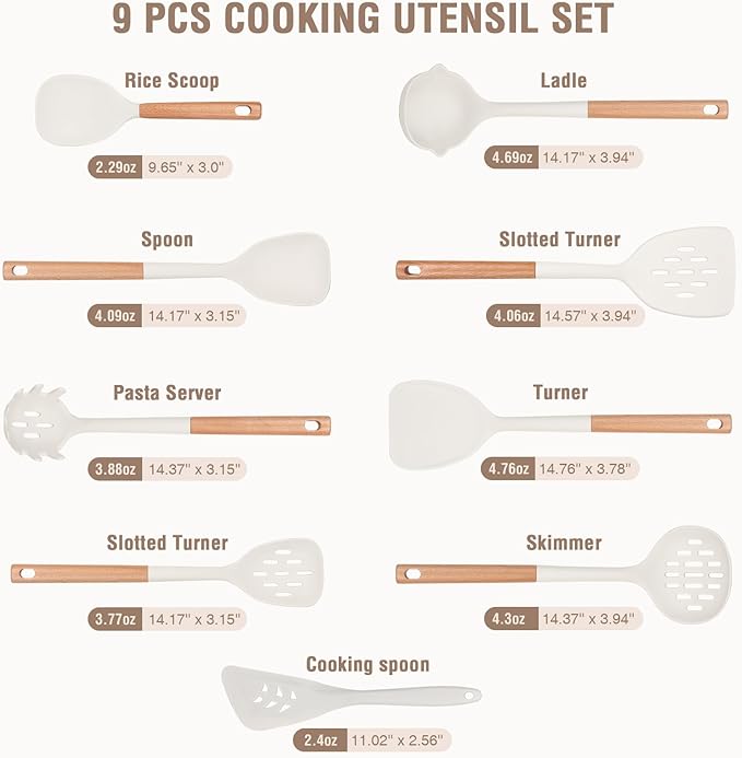 Kitchen Cooking Utensils Set, Silicone Cooking Utensils for Wooden Handles, 9 PCS Cooking Utensils with Spoon Spatula &Turner Made of Heat Resistant Food Grade Silicone for Nonstick Cookware