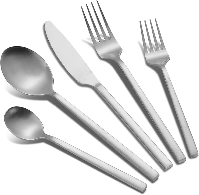 40-Piece Silver Silverware Set, Rectangular Flatware Set for 8, Matte Stainless Steel Cutlery Set, Home Essentials and Kitchen Utensils Set, for Restaurant, Party And Wedding, Dishwasher Safe