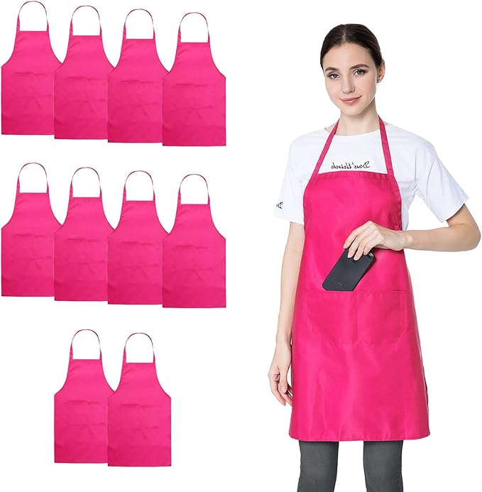 10 Pack Bib Pink Aprons Bulk for Women Girl Adult Painting BBQ Cooking Kitchen Baking with Pockets (10, Pink)
