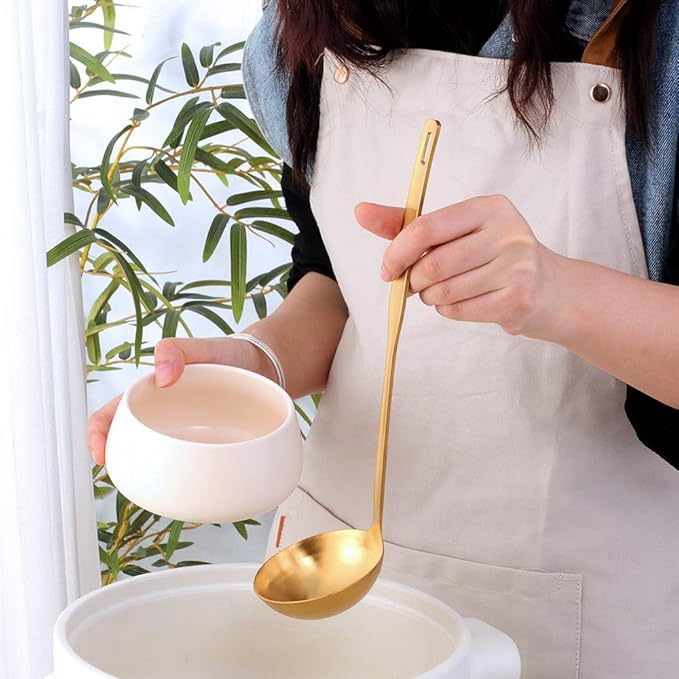 2 Pieces Gold Metal Soup Ladle Colander Set, Long Handle Stainless Steel Kitchenware Cookware Serving Spoon Cooking Utensil for Hotpot