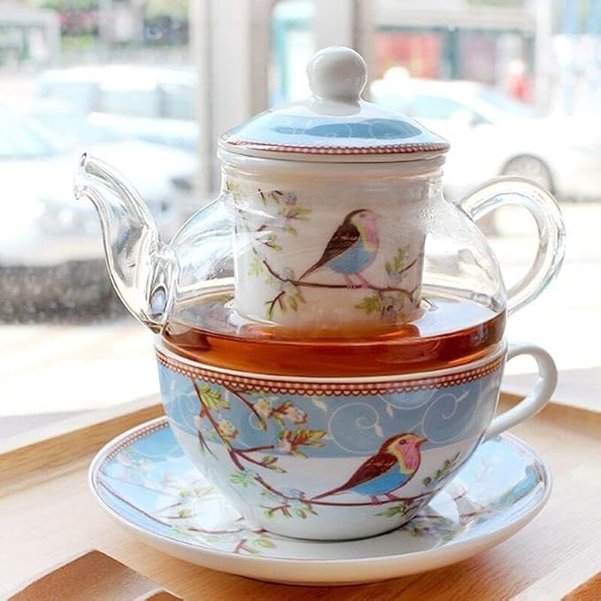 Tea for One Set, Glass Teapot with Porcelain Infuser Strainer and Cup & Saucer- Happy Bird Pattern (Blue)