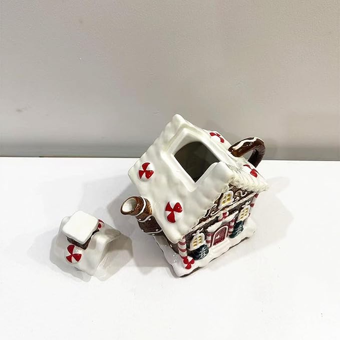 Ceramic Christmas Coffee Pot, 3D Hand-Painted Gingerbread House Teapot, Holiday Gifts and Desktop Decoration