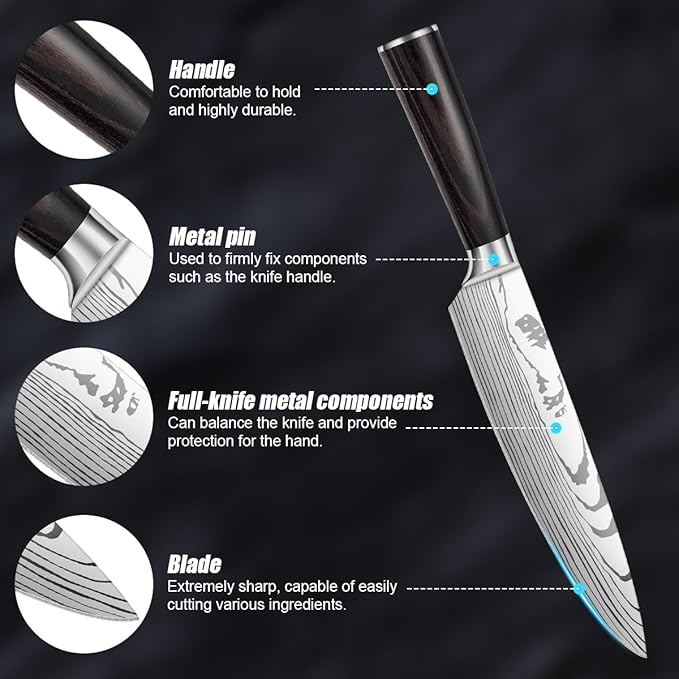 8-Piece Premium Japanese Kitchen Knife Set - Imperial Collection, Laser Damascus Pattern, 440A Stainless Steel Ultra Sharp for Fast Cutting (Redwood 8J)