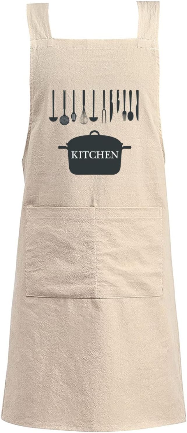 Cotton Linen Apron Non-tie Cross Back Kitchen Apron with Pockets Soft Comfortable Durable for Cooking Baking Gardening (Khaki,Ktichen)