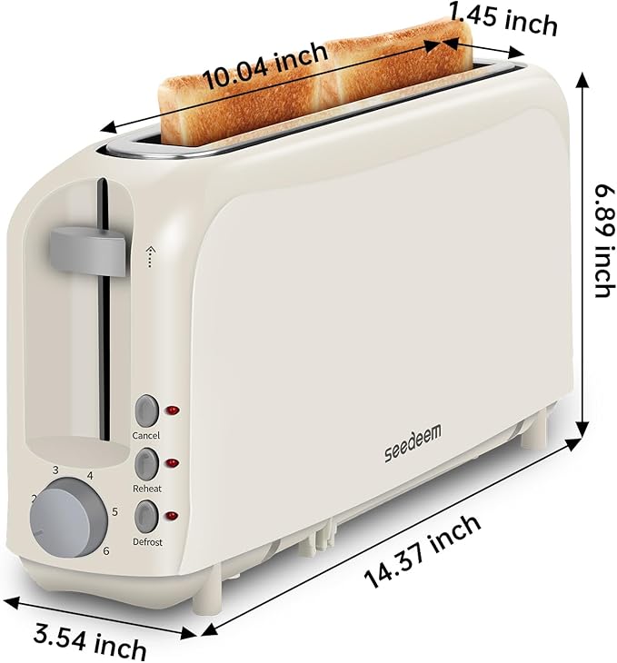 SEEDEEM 2 Slice Slim Toaster, Single 10" Long Slot Toaster Fits Bagels & Artisan Bread, 6 Shade Settings, Cancel/Reheat/Defrost, Removable Crumb Tray, Auto Shut-Off, White