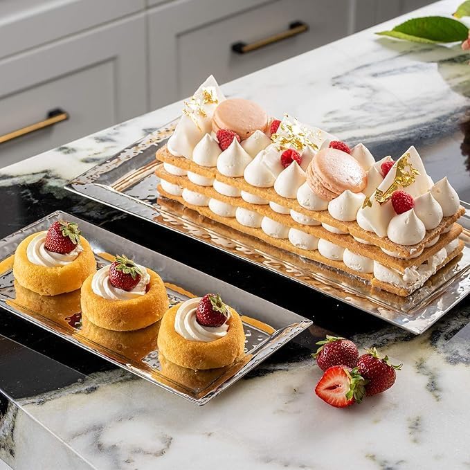 Silver Hammered Trays - Silver Serving Tray and Platters - Appetizer Tray - Chrome Platter (2 Pack Rectangle Platters)