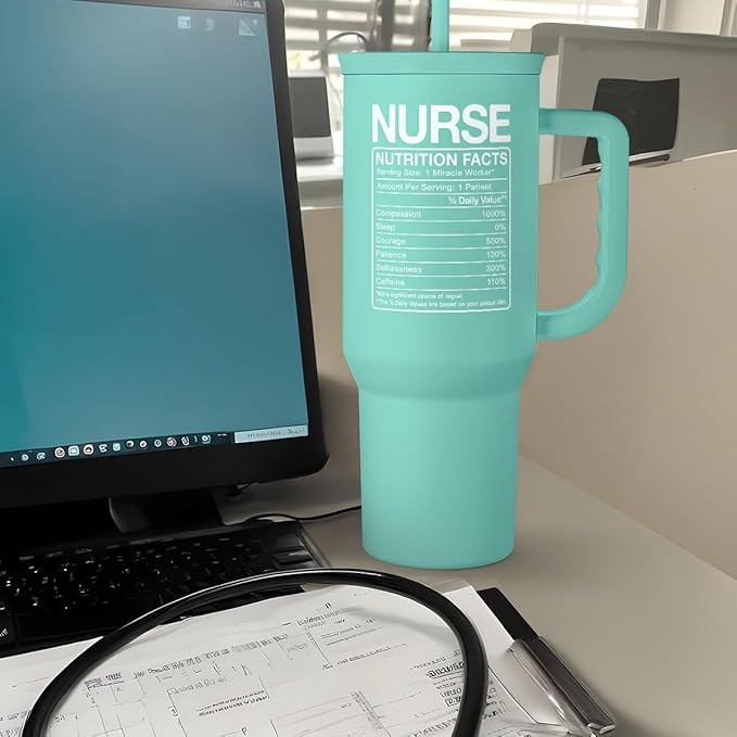 Nurse Gift Tumbler 40oz with Handle and Straw – Nutrition Facts Insulated Stainless Steel Travel Coffee Mug for Nursing Friends - Gifts for Nurse Week, Appreciation, Birthday, Christmas