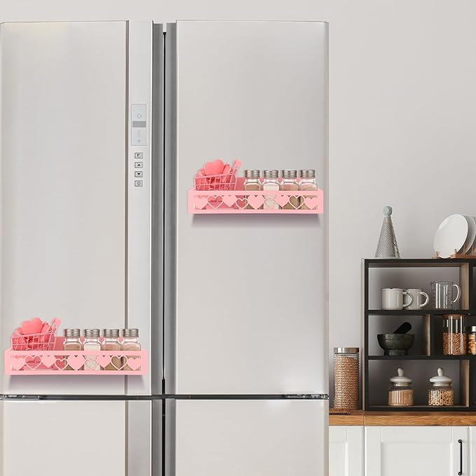 2 Pack Heart Magnetic Spice Rack for Refrigerator Metal Magnet Basket Shelf for Fridge Seasoning Storage Organizers Home Decor Kitchen Accessories (Pink)