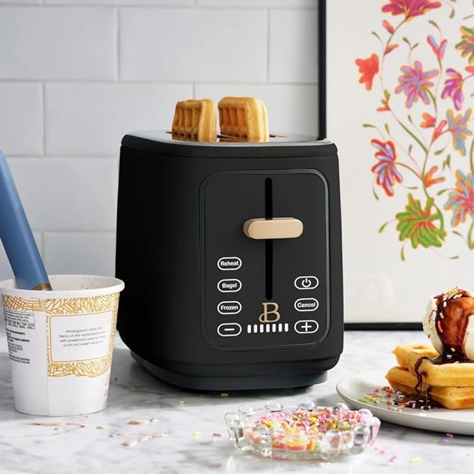 Beautiful by Drew Barrymore 2-Slice Toaster, Touch-Activated Display, 7 Shade Settings, Bagel/Frozen/Reheat Presets. (Black Sesame)