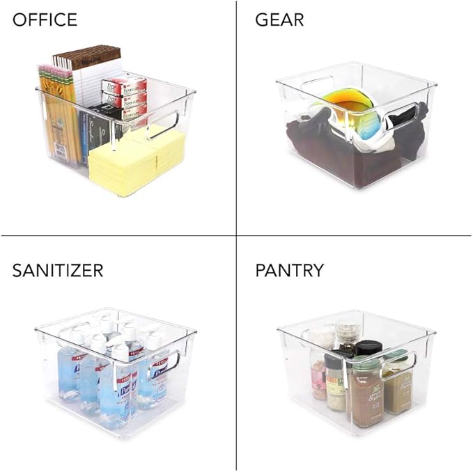 Isaac Jacobs 3-Pack Medium Clear Storage Bins with Handles, Plastic Organizer for Home or Fridge/Freezer, Pantry and Kitchen Non-Slip Container Set, BPA Free, Food Safe (3-Pack, Medium)