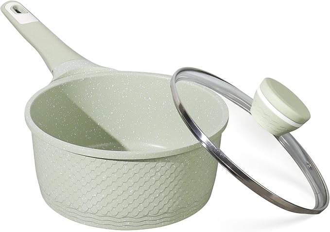 Sauce pan 1.5Qt Saucepan with lid, Non Stick Sauce Pot, Small Pots for Cooking Induction 100% FREE PFOA PFAS - Green Granite