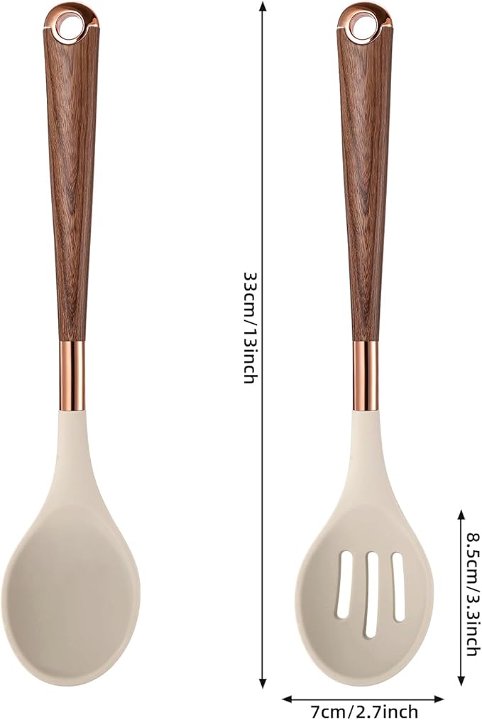 MANJIA Silicone Spoons Set, Nonstick Silicone Slotted Spoon & Solid Spoon Set, Serving Spoons kitchen Spatula for Cooking Fish, Eggs,Flipper, Cooking Utensils Set 2pcs (khaki-spoons)