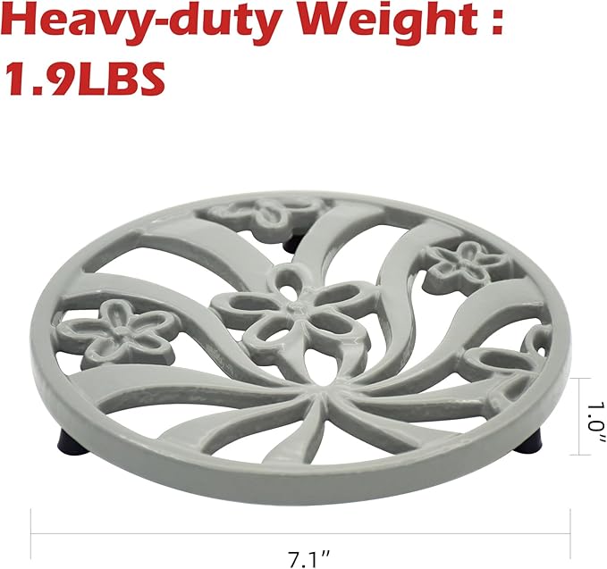Vintage Cast Iron Trivet, Heat-Resistant Metal Trivet for Hot Dishes Pots Pans with Daffodil Pattern for Tabletop Protection, Grey