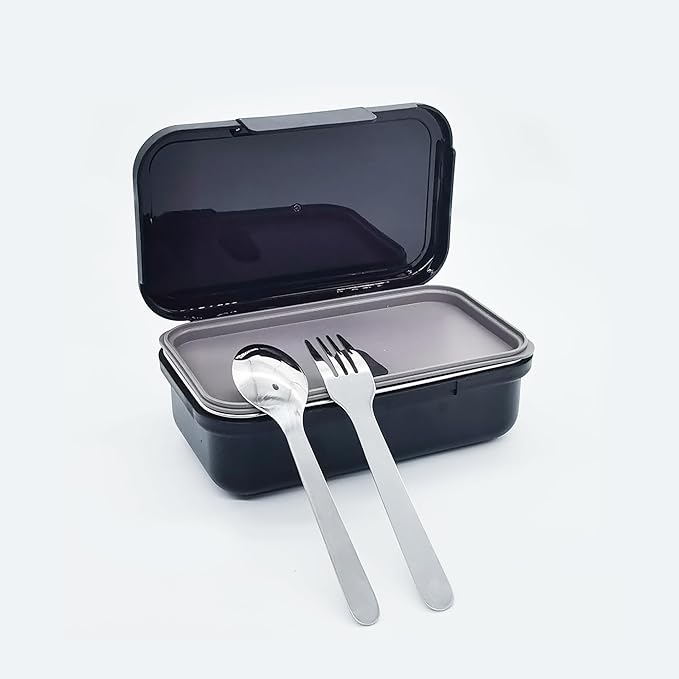 Stainless Steel Small Bento Box for Adults - Leakproof Microwave Safe Lunch Box for Work, Meal Prep and On the Go with Utensils & Canvas Bag (Black), Compact-Sized for Moderate Appetites
