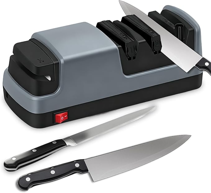 Professional Electric Knife Sharpener – Precision Sharpening for Kitchen Knives, Scissors & More – Diamond Abrasives & 3-Stage System (Grey)