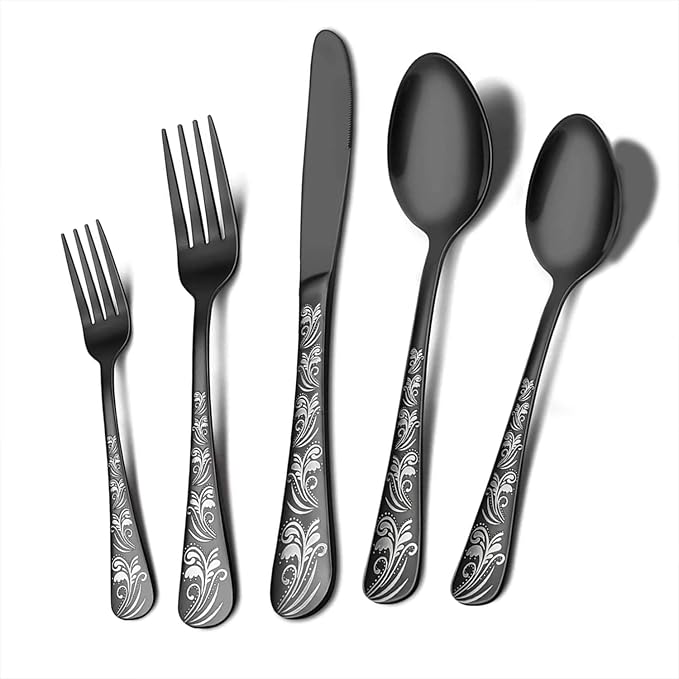 Black Silverware Set, Stainless Steel Flatware Set 30 Pcs for 6, Includes Forks Knives Spoons, Mirror Polished Eating Utensils Sets, Durable Restaurant Cutlery Set - Dishwasher Safe
