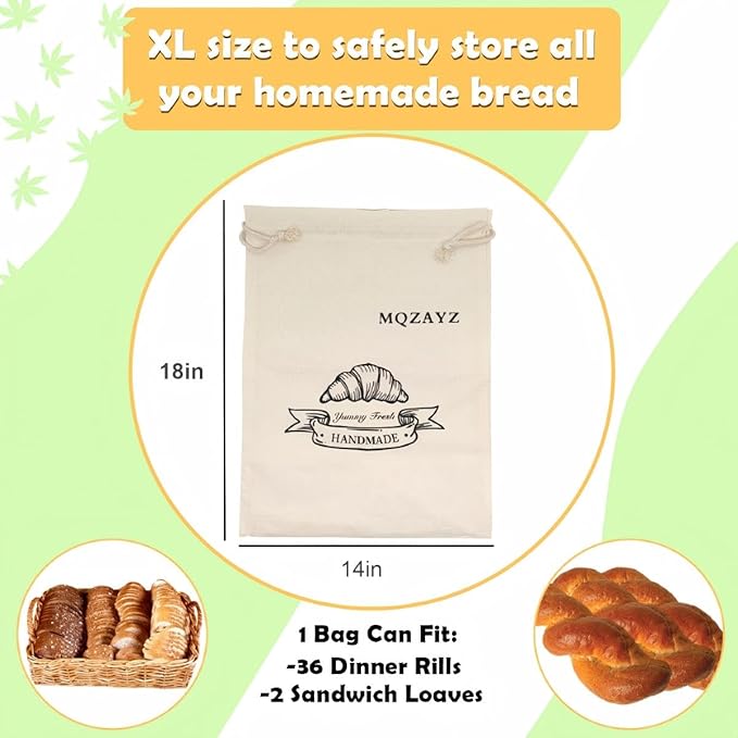 Sourdough Linen Bread Bags for Homemade Reusable Bread Storage Container Bags Eco Plastic Lining 2 Pack Large (18x14 in)