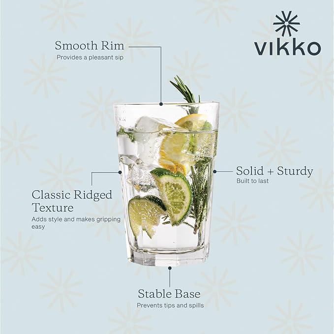 Vikko Large Drinking Glasses, 14 Ounce Glass Cups, Durable Glasses Drinking Set of 12, Stackable Water Glasses, Highball Glasses, Heavy Base Tumblers & Water Glasses, Dishwasher Safe Cups for Kitchen