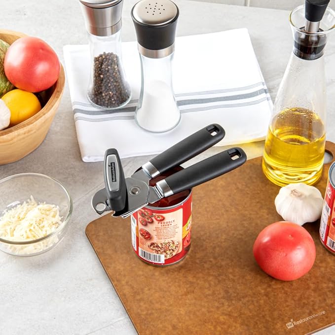 Restaurantware Comfy Grip 7.6 x 1.9 x 2.1 Inch Can Opener 1 Durable Manual Can Opener - Sharp Wheel Blade Grip Handle Black Stainless Steel Hand-Held Can Opener Built-In Bottle Opener