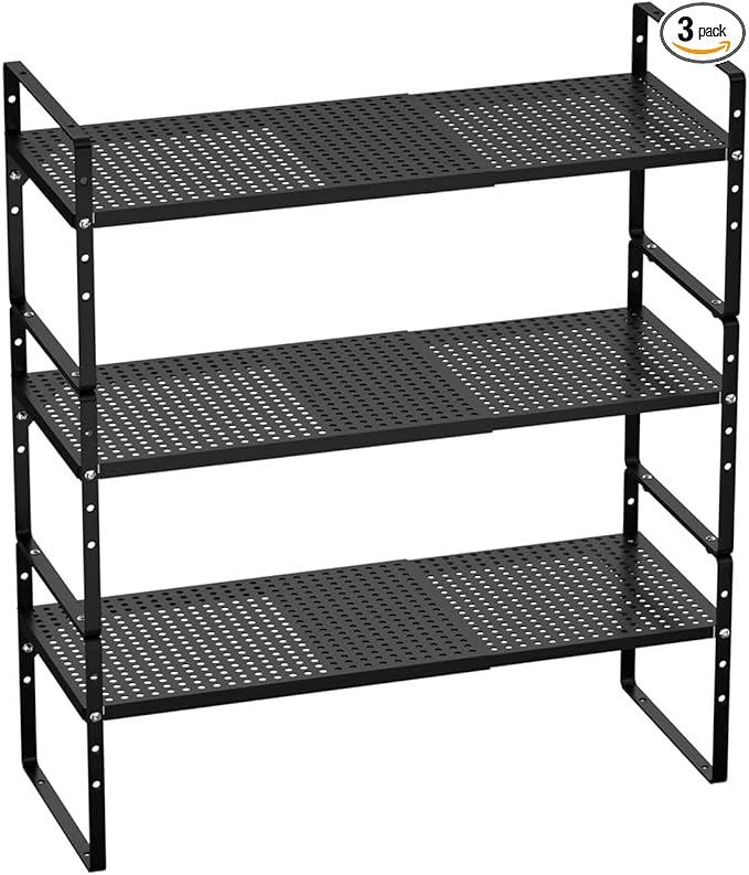 Cabinet Organizer Shelves,Expandable Spice Racks,Stackable Countertop Organizer,Adjustable Shelves for Under Sink,Storage Racks for Kitchen Bathroom Home Office,Black,3 Packs