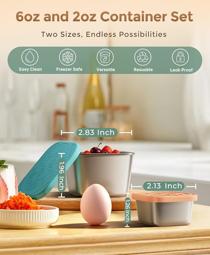 12Pack 6oz Stainless Steel Snack Containers and 2oz Salad Dressing To Go Containers with Silicone Lids, Reusable Square Meal Prep Condiment Sauce Containers Lunch Box Accessories